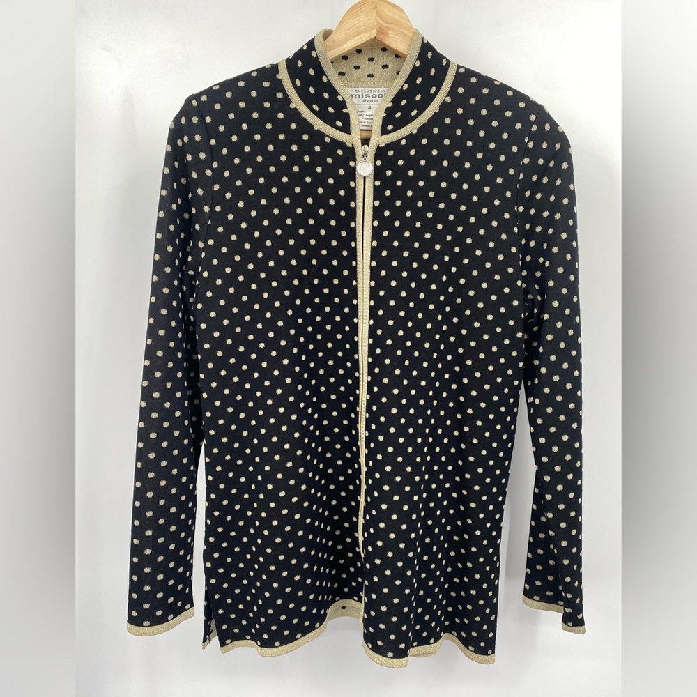 Misook Gold and Black Polka Dot‎ Cardigan Sweater With Shoulder Pads Size Small